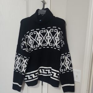 CeCe Black and White Patterned Turtleneck Sweater